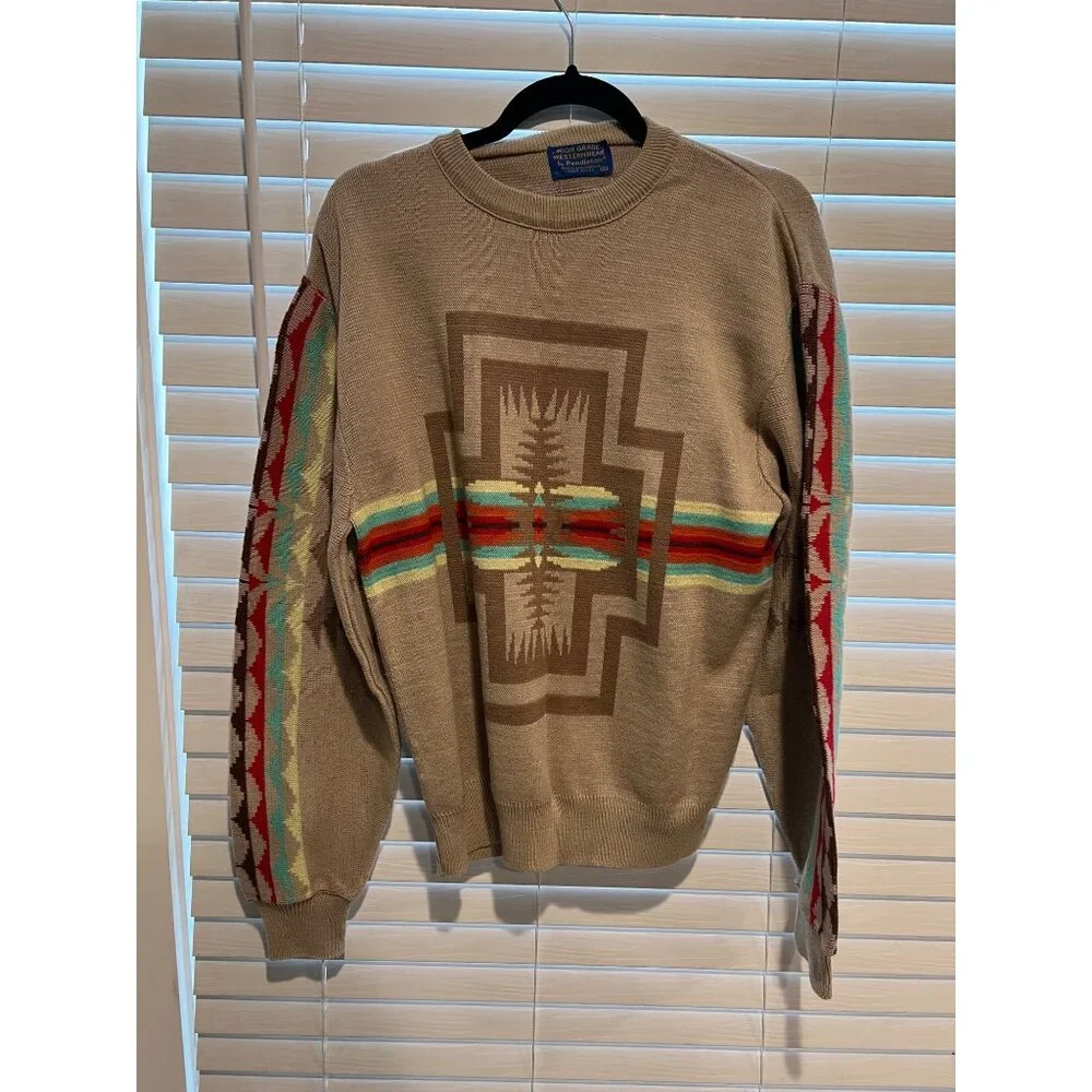 Pendleton High Grade Westernwear Mens Tan Southwestern Cotton Sweater Medium USA